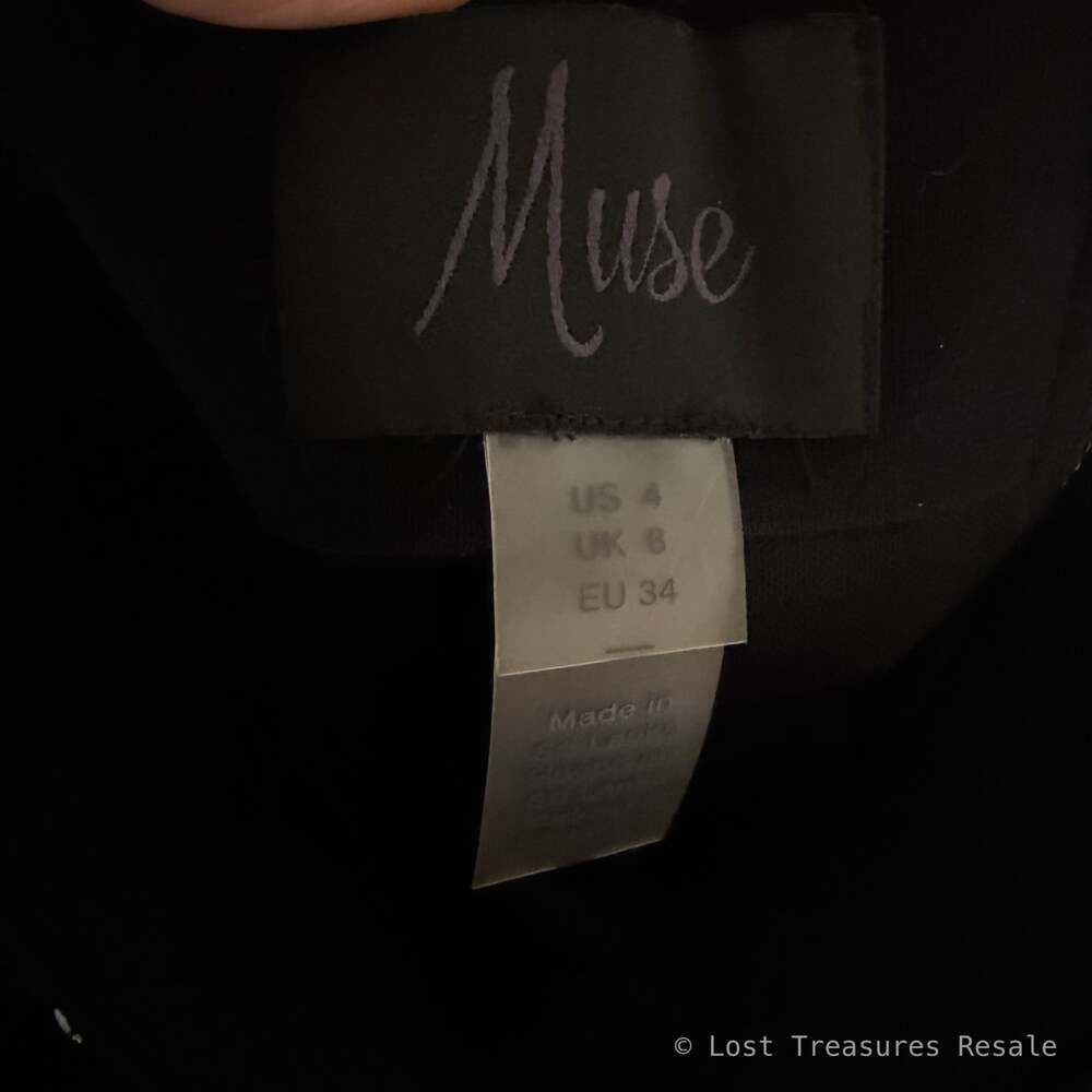 Muse | Black Sequin Fringe Pencil Midi Skirt Party Cocktail Glam Rocker US 4 - Picture 8 of 8